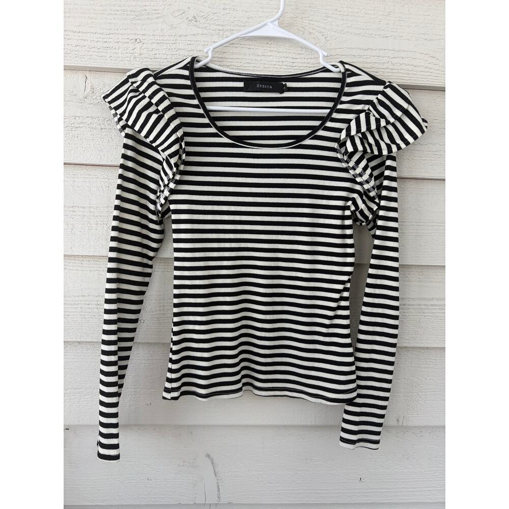 Zesica Black White Striped Ruffle Shoulder Long Sleeve Top - Picture 3 of 8